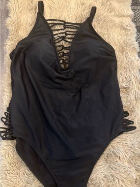 No Boundaries Black Swim One-Piece with Strappy Front Detail